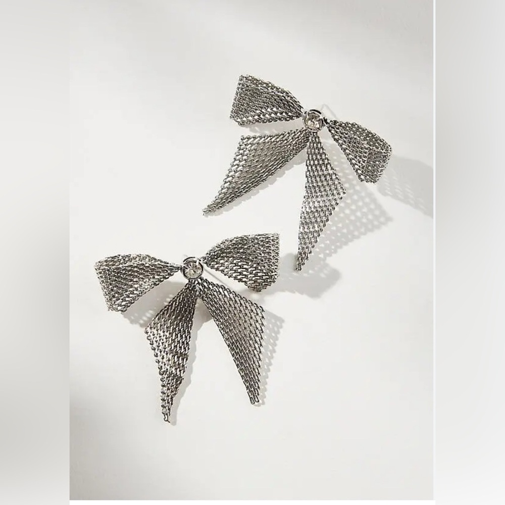 Anthropologie Chainmail Bow Drop Earrings - Silver NWT